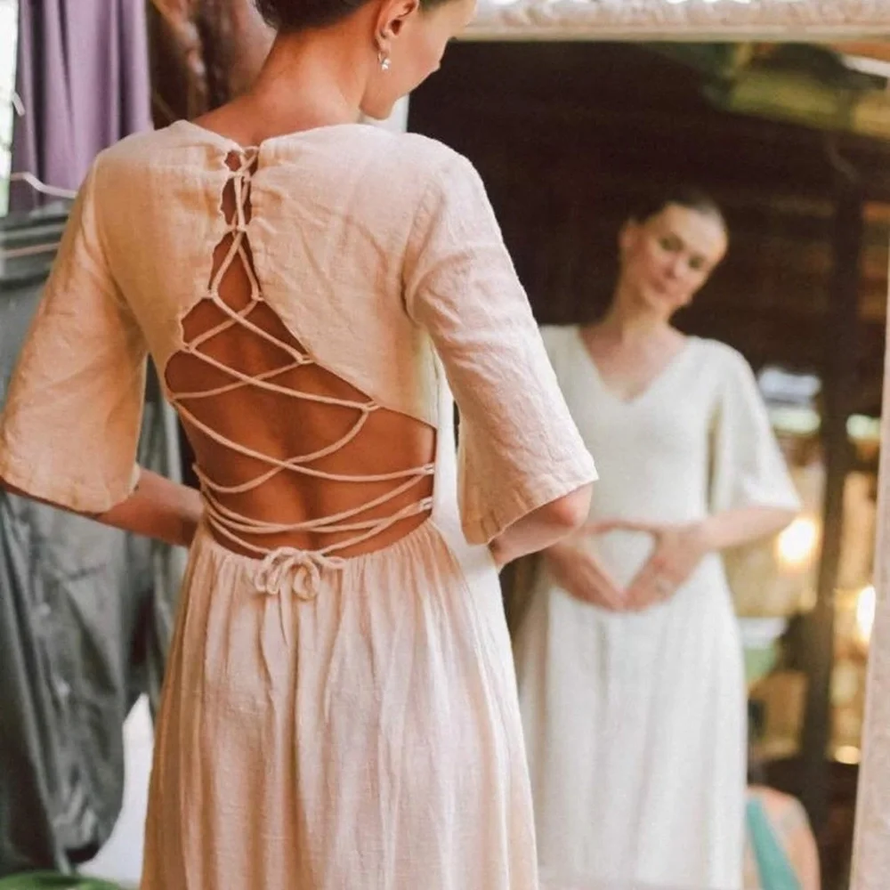 Boho lace up backless Cristal de Floresta Cotton Cream dress by aya sacred wear - Picture 2 of 7